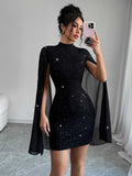 „Formelles Clubparty-Kleid – Rundhals, Pailletten, Perlen, Capesärmel, schmale Passform“