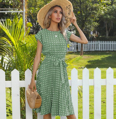 Elegant Polka Dot Midi Dress – Summer V-Neck Short Sleeve Casual Party Outfit