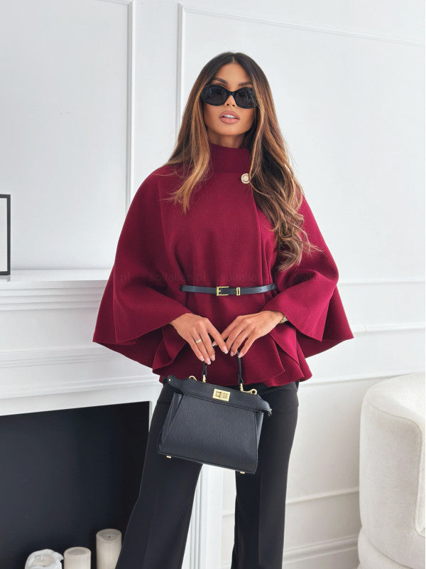Women’s Woolen Cloak Jacket – Stand Collar Batwing Sleeve Belted Sweater Outwear