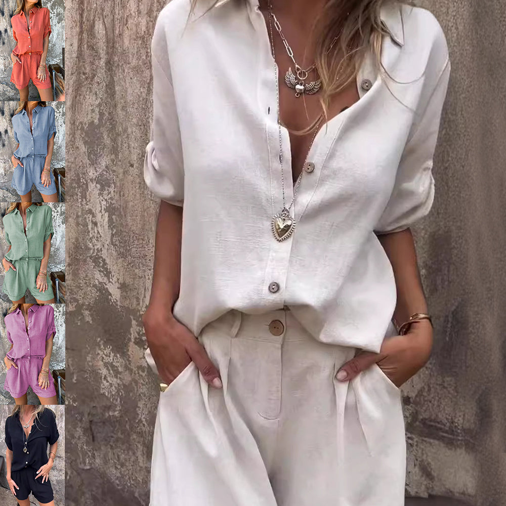 Women’s Summer Two-Piece Suit – Lapel Short Sleeve Button Shirt with Pocket Shorts