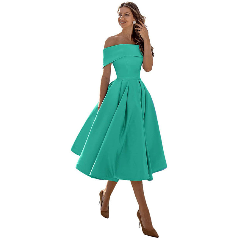 Elegant Satin Strapless Dress – Women’s Off-Shoulder Tea-Length Evening Outfit with Pockets