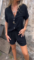 Women’s Summer Two-Piece Suit – Lapel Short Sleeve Button Shirt with Pocket Shorts