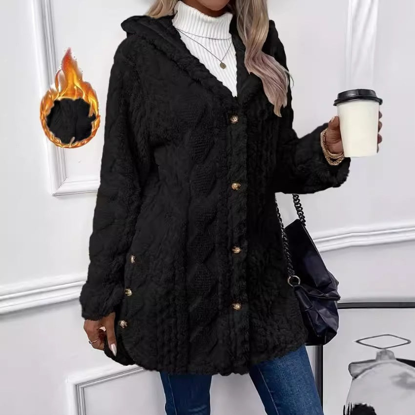 Kapuzenstrickjacke mit Knöpfen, langer Jacke, Winter, einfarbig, Langarmmantel