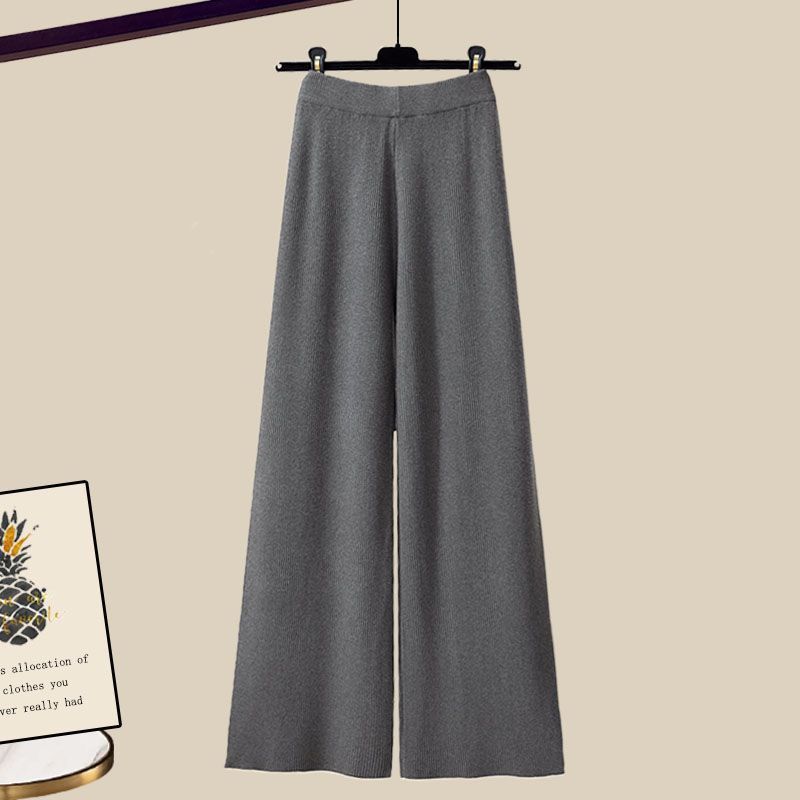 Elegant 3-Piece Outfit – Knitted Sweater Top with Shirt and Wide-Leg Pants