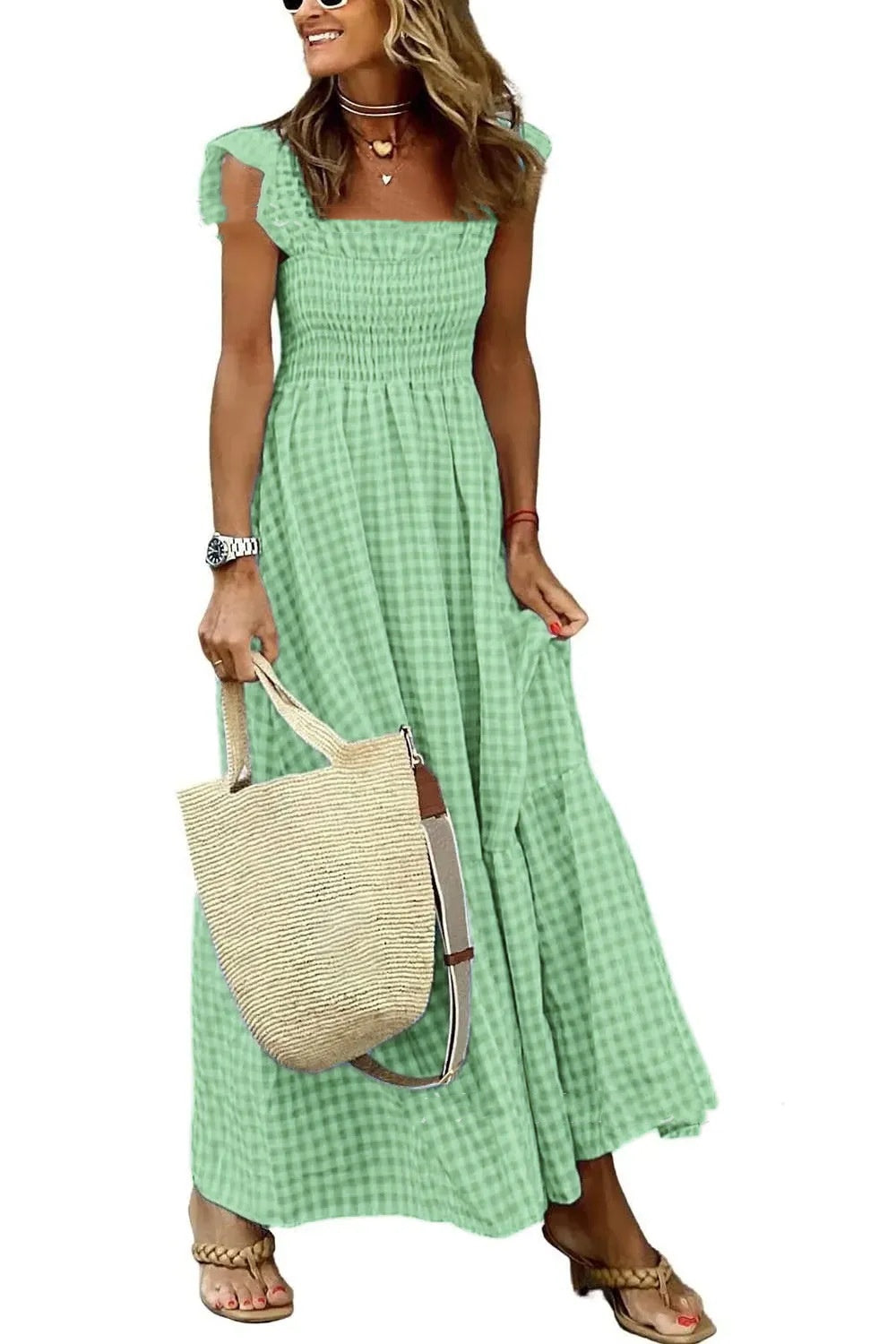 Women’s Summer Plaid Dress – Sleeveless A-Line Pleated Ruffle Beach Outfit
