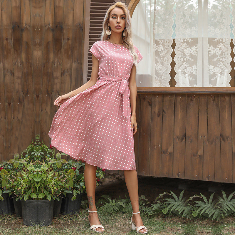 Elegant Polka Dot Midi Dress – Summer V-Neck Short Sleeve Casual Party Outfit