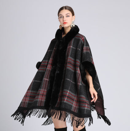 Lockerer Plaid Plus Kaschmir Pelzkragen Gestrickter Inverness