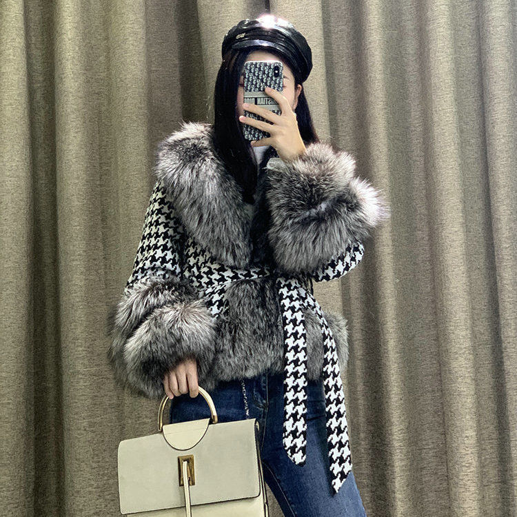 Nerzmantel Damen Kurz Houndstooth Pelzkragen Silberfuchs Pelzjacke