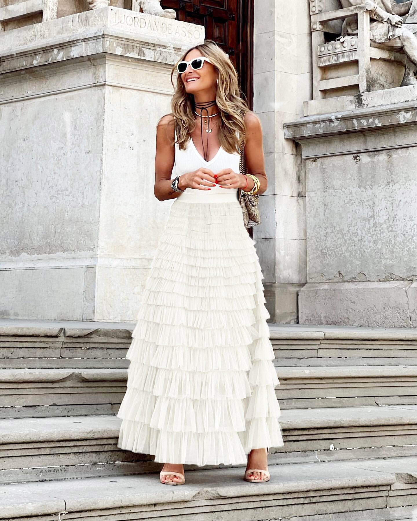 Women’s Summer Mesh Maxi Skirt – Layered Ruffle Cake Style Party Outfit